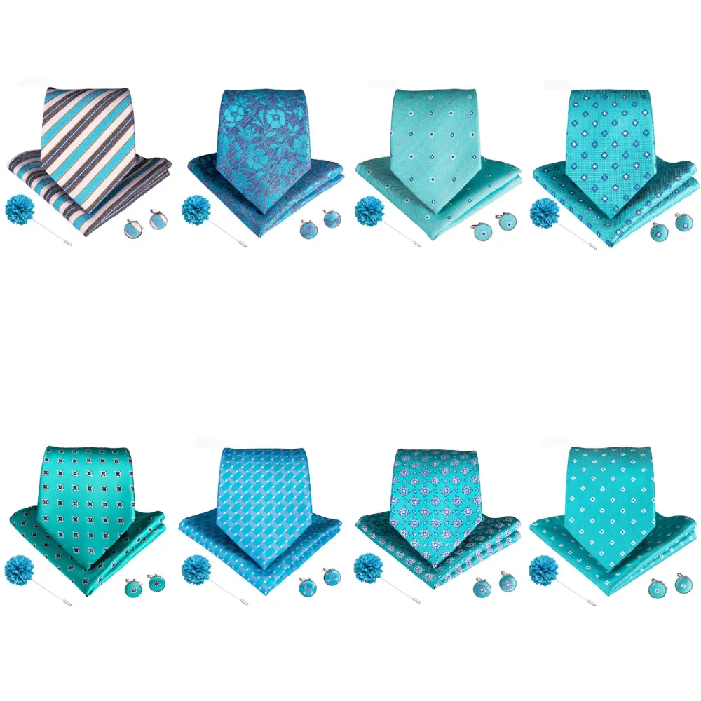 

10 Styles Teal Striped Plaids Dot Floral Men's Ties With Hanky Cufflinks Brooch Silk Tie Jacquard Woven Neckties For Men Wedding