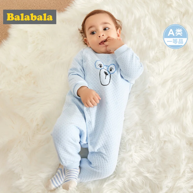 

Balabala Infant Newborn Baby Boy Cotton Bear Jumpsuit Snap Closure at Shoulder One-piece Ribbed Crewneck Cuff and Hem for Winter