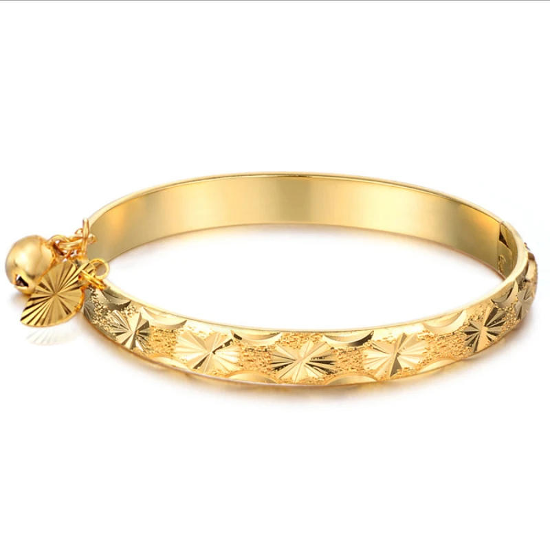 New Cute Yellow Gold Color Leaf Embossing Bracelets & Bangles with Bell