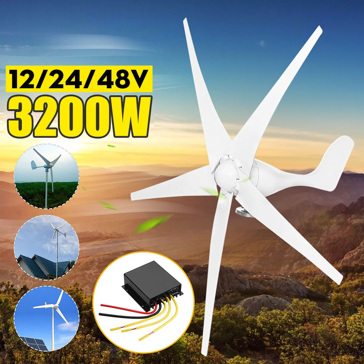 

3200W Horizontal Home Wind for Turbines Generator Power 12v/24V/48V 3/5 Nylon Fiber Blade Windmill Energy for Turbines Charge