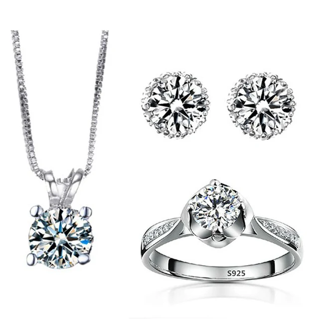 Brand New Wedding Jewelry Sets Ring Earring Necklace Set For Women Brand New Wedding Jewelry Sets Ring Earring Necklace Set For Women Vintage Silver Plated Cz Stone
