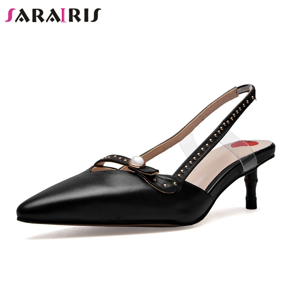 

SARAIRIS 2019 Cow Leather Pointed Toe Summer Sandals Woman Pumps Wholesale Thin Heels Slip On Shoes Woman Large Size 33-43