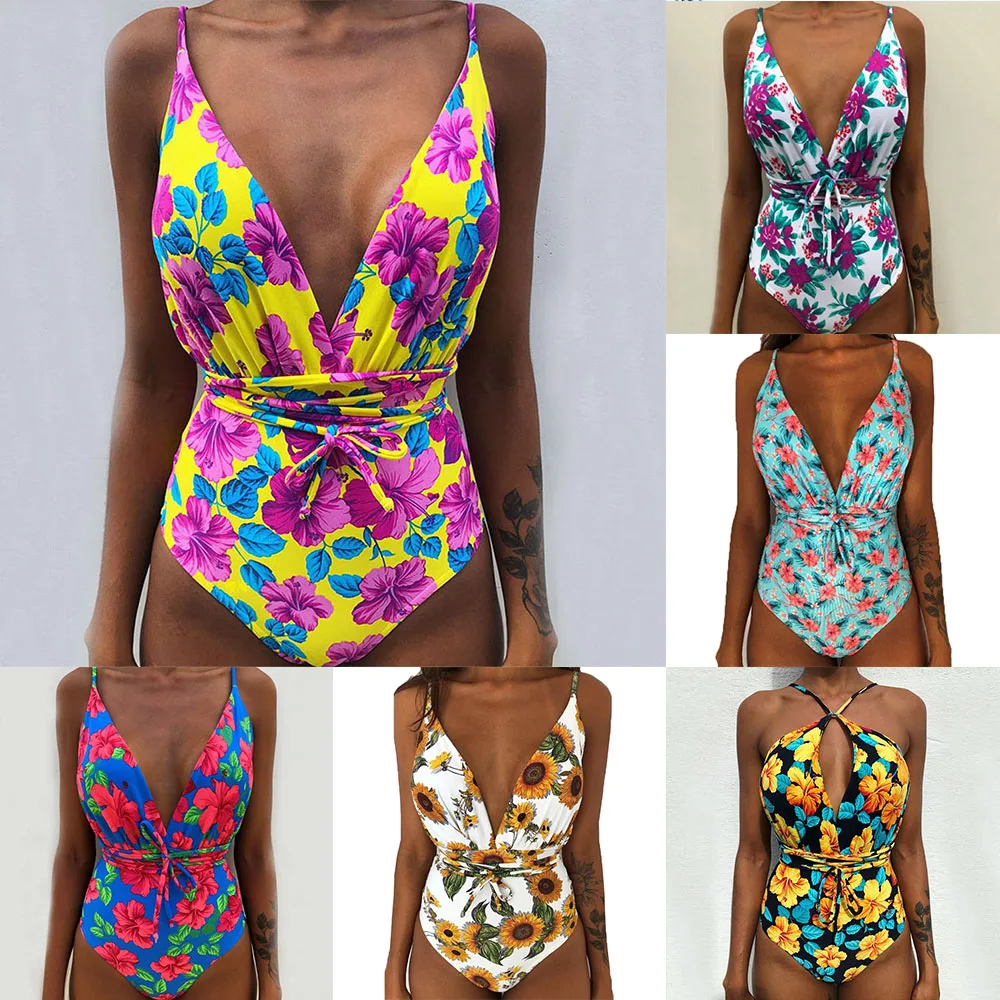 

Floral Purple Swimwear Bandage Bodysuits One-piece Swimsuits Printed Sexy Bikini Women 2019 Push Up Monokini 6 Various Wears 2XL
