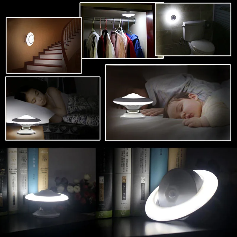 

360 Degree Rotary LED Night Light Rechargeable PIR Motion Sensor Wall Closet Lamp AI88