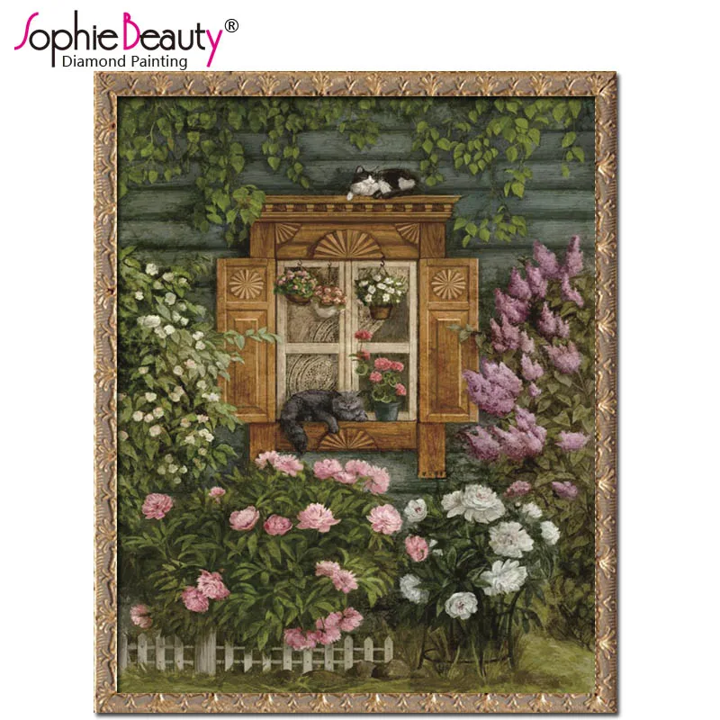 Картина из страз сделай сам Sophie Beauty полная круглая вышивка кот в саду