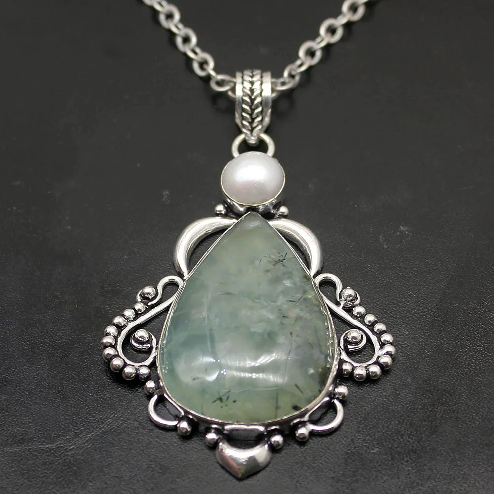 

Hermosa Trendy Vintage Quartz White Pearl 925 Sterling Silver Necklace Pendant Charms 3 1/4 Inch NY1181 Free Shipping