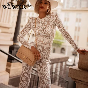 

WLWXR Transparent Skinny Wide Leg Mesh Lace Summer Jumpsuit Women Romper Overalls 2019 White Sexy Club Bodycon Jumpsuit Female
