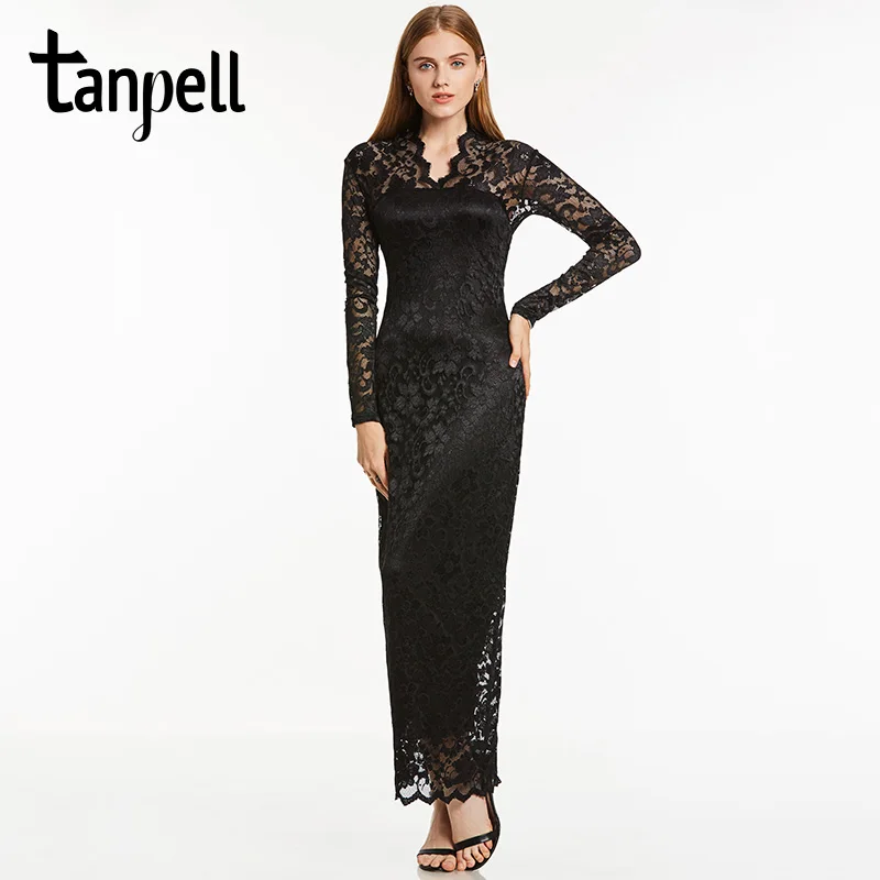 

Tanpell long sleeves evening dresses v neck black lace ankle length dress cheap women straight party long formal evening gown
