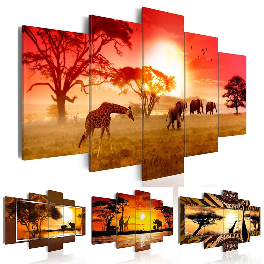 

Modular Pictures Canvas 5 Panel Painting Elephant Giraffe Sunset Scenery Poster Print Wall Art Living Room Home Decor Framework