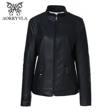 AORRYVLA Осенние новые модные женские кожаная куртка большой Размеры воротник-стойка регулярные Длина молнии Тонкий Искусственная кожа куртка