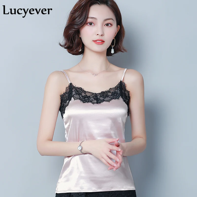 

Lucyever Sexy black lace women camis fashion summer loose silk basic female tanks Korean high quality casual tops plus size vest