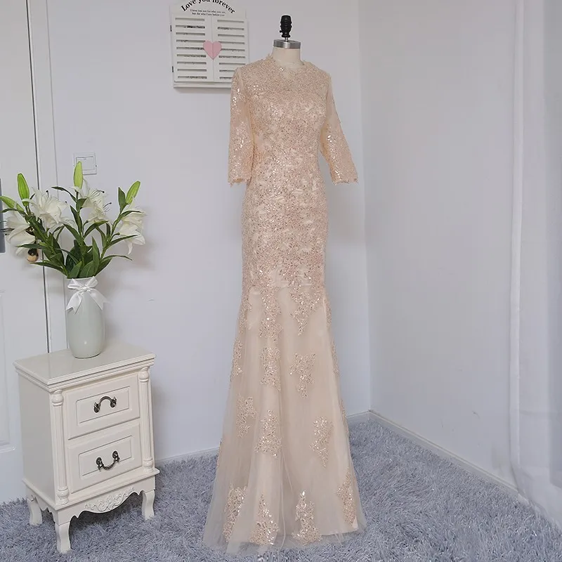 Champagne Mermaid Half Sleeves Tulle Sequins Elegant Long Evening Dress