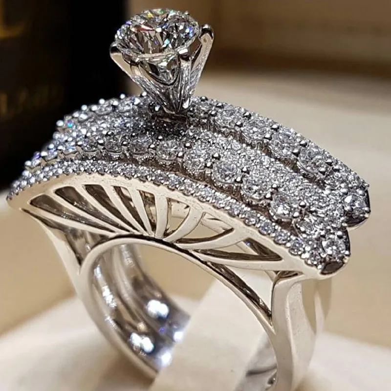 Modyle 2019 New Arrival 2pc/set Crystal Around Silver Classic Rings for Women Girl Anniversary Birthday Ring Set Gift Jewelry