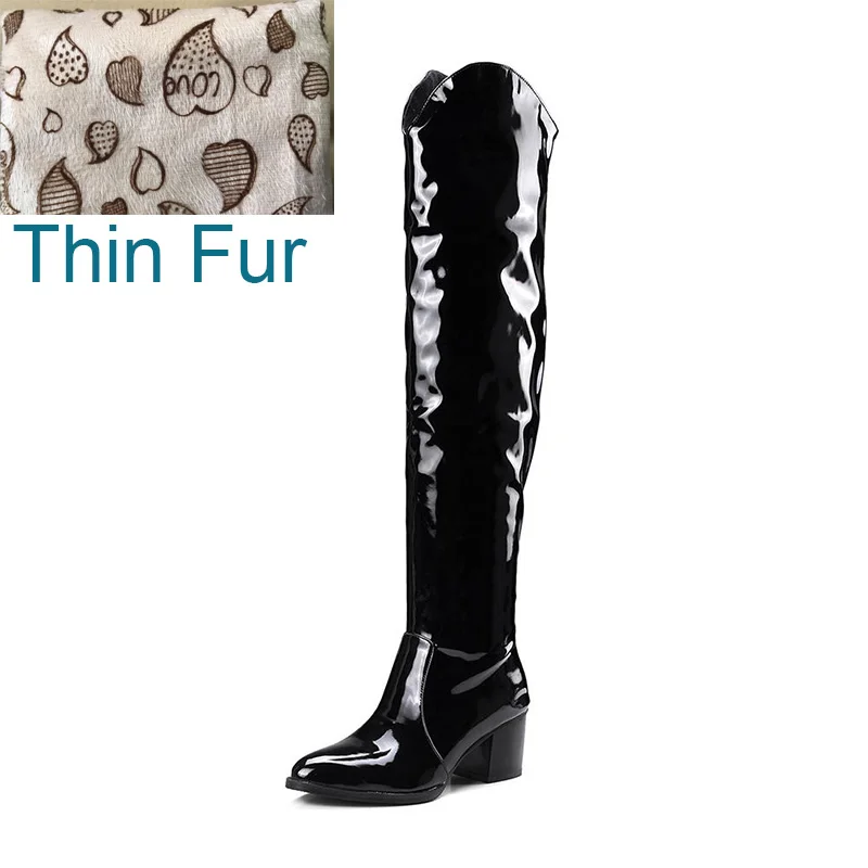 black thin fur BONJOMARISA/модные вечерние сапоги до колена смешанных цветов размера плюс 32-48 женские рыцарские сапоги в западном стиле женская обувь на высоком каблуке - Цвет: black thin fur