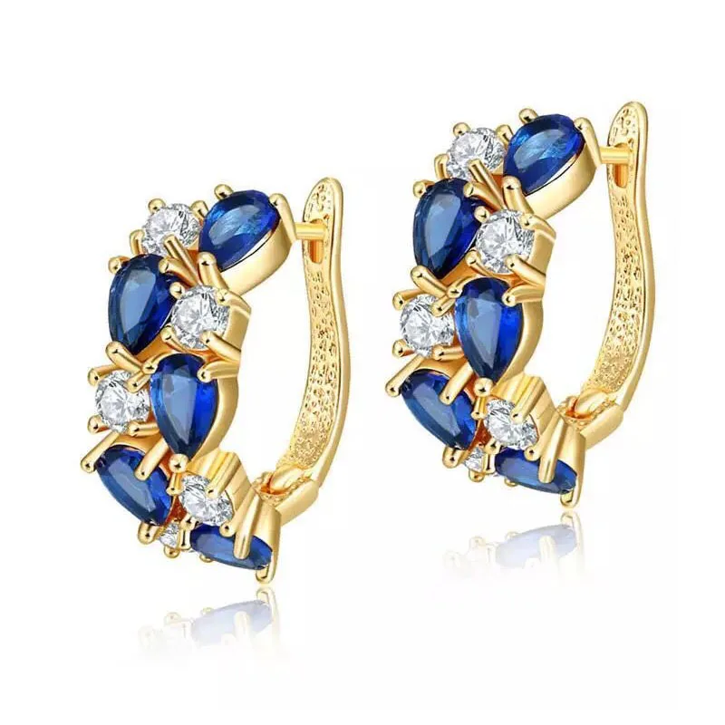 

MxGxFam Deep Blue Round CZ Hoop Earrings For Women AAA+ Cubic Zircon 18 K Yellow Gold Color Top Quality
