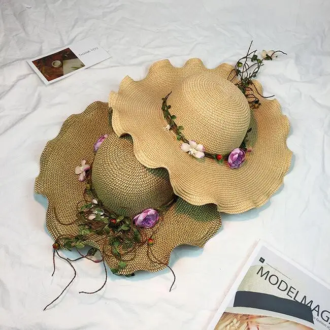 Flower Sun Hat для Для женщин полями венок соломенная шляпа дамы летние пляжные Кепки козырек вводной сомбреро большие карнизы тень Hat