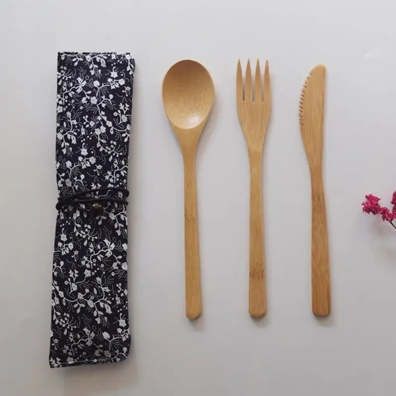 Комплект из 3 предметов, портативная японская деревянная столовая посуда, набор столовых приборов, Бамбуковая вилка, нож, чайная ложка с тканевой сумкой, полезная походная, для пикника, на открытом воздухе - Цвет: 2