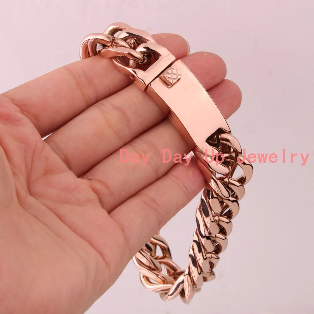 

Charming New Handmade 316L Stainless Steel Rose Gold Tone Curb Cuban Chain Mens Womens Bracelet Bangle Unisex Jewelry 8.66"*15mm