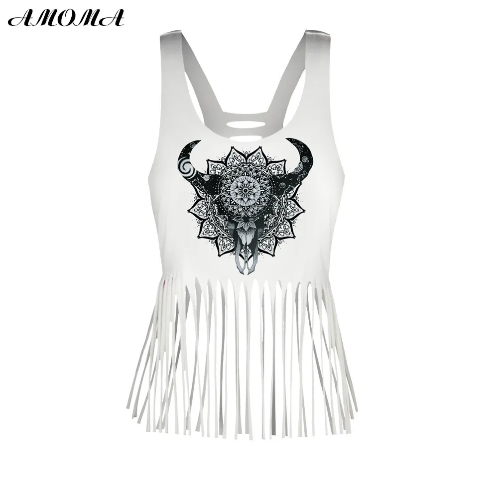 

AMOMA Women Summer Vest White Tassels 3D Printed Tank Top For Ladies