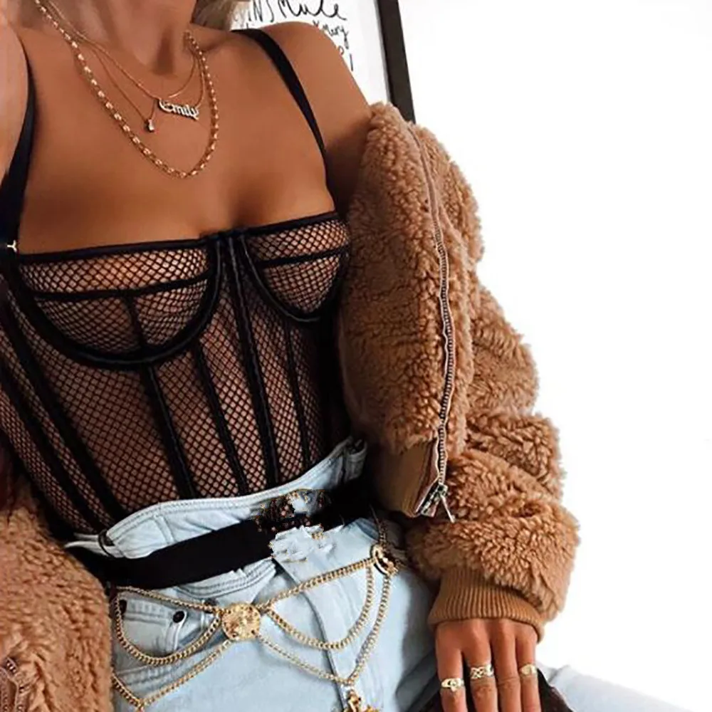 

BKLD Women One Piece Sleeveless Strappy Bodysuit Mesh See-through Black Jumpsuit For Women Sexy Clubwear Fishnet Sheer Bodysuit