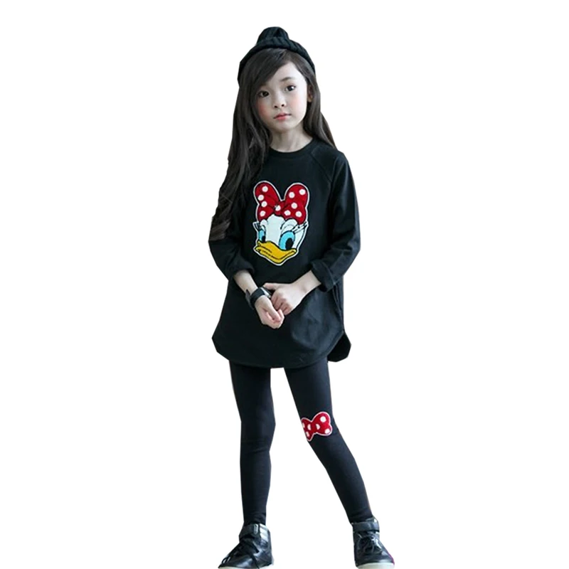 Одежда для маленьких девочек футболка с длинными рукавами и рисунком из двух предметов, леггинсы Детская одежда качественная хлопковая одежда для детей возрастом от 3 до 13 лет - Цвет: Черный
