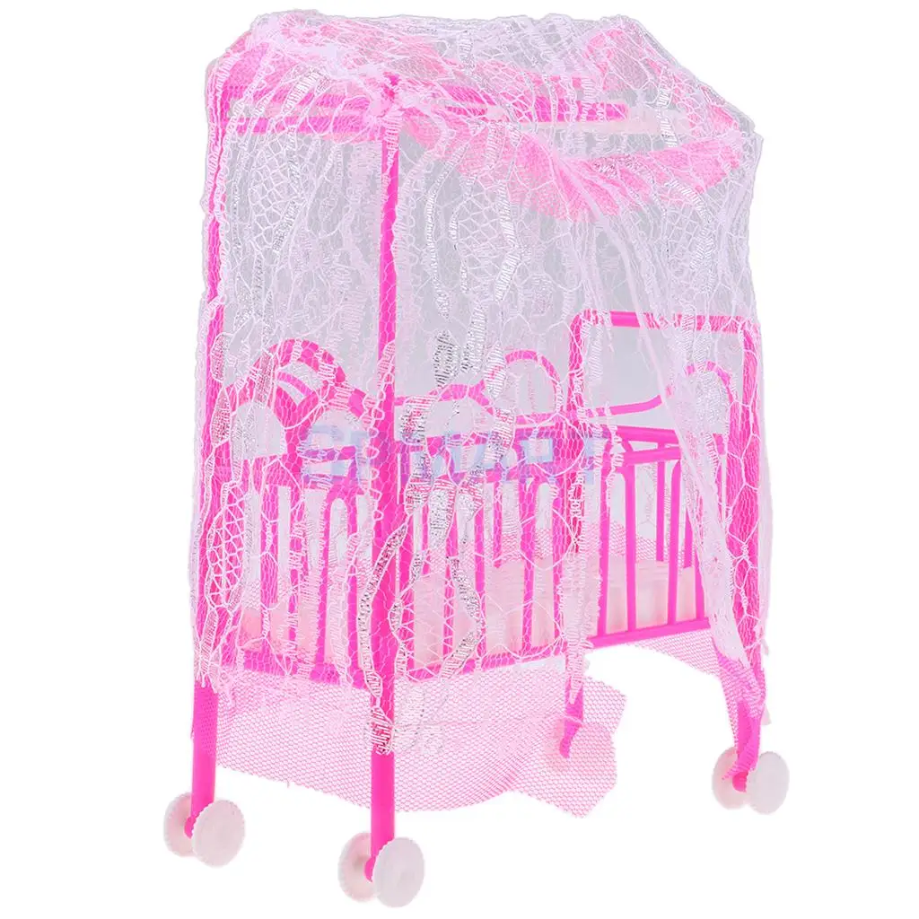 Dollhouse Miniature Mini Cradle Bed w/ Lace Cover Bedroom Furniture Decor For 3 inch Dolls 1/6 Action Figures Accessory