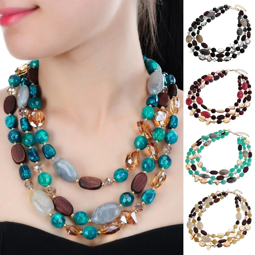 

5 Colors Resin Crystal Boho Ethnic Style Handmade Rope Chain Imitation Stone Statement Pendant Necklaces for Women