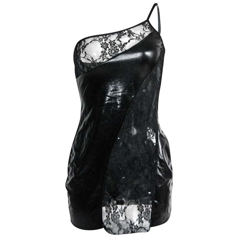 Sexy Lace Leather Club Mini Dress Lady's One Shoulder Vinyl Dress Sexy Club Dress 2016 Womens Party Night Club Dresses W1120 (3)