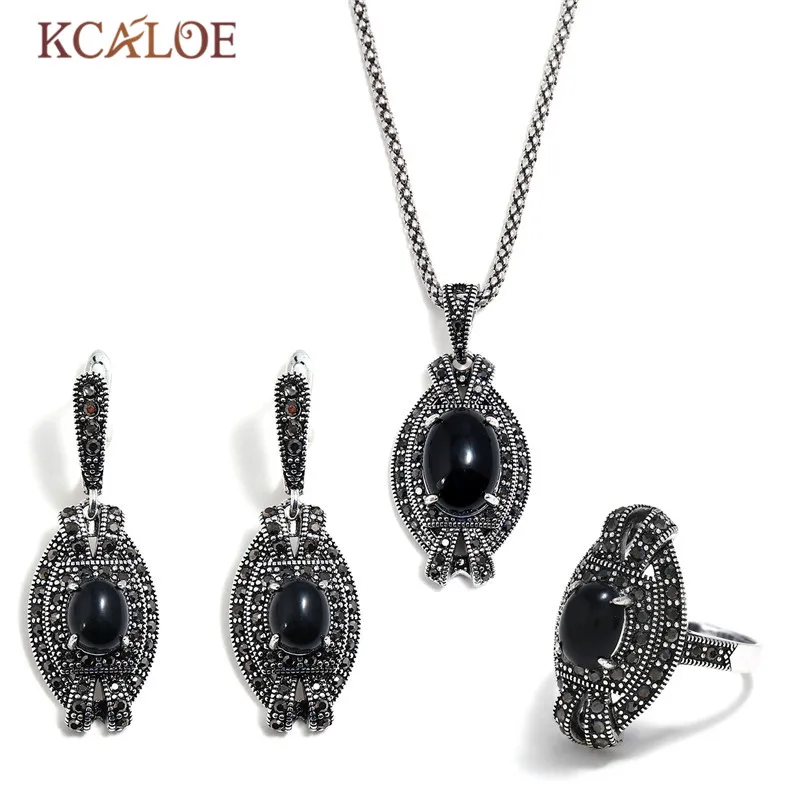 

KCALOE Women's Black CZ Resin Stone Fashion Jewelry Sets Vintage Necklace Earrings Ring Rhinestone Geometry Jewellery Set