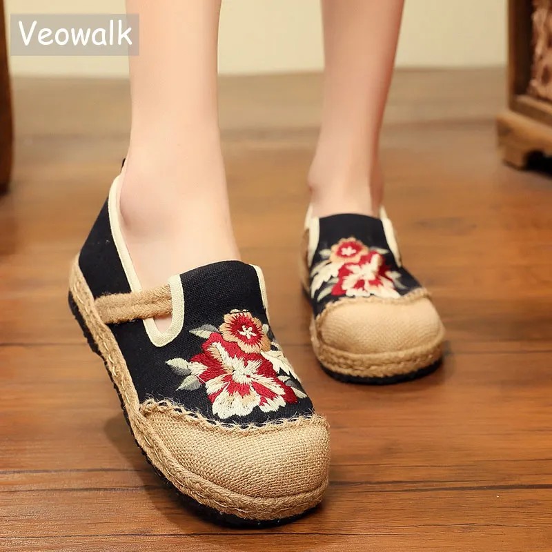 

Veowalk Vegan Handmade Women Linen Cotton Loafers Espadrilles Flower Embroidered Ladies Casual Flat Platform Sneakers Shoes