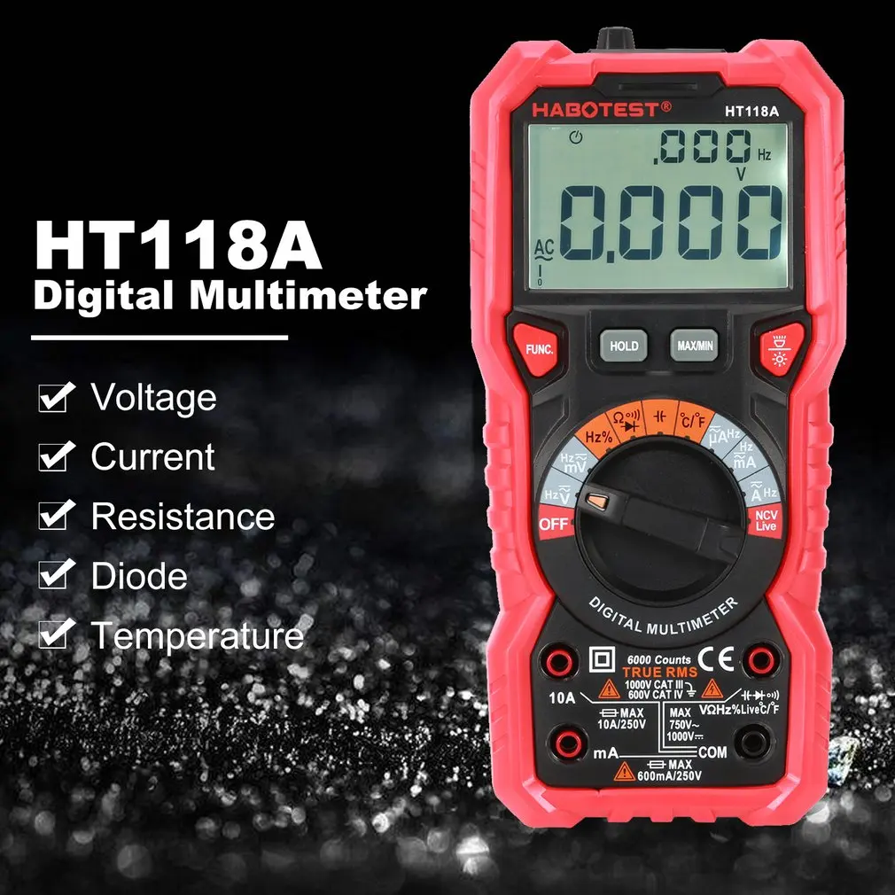 

Digital Multimeter HT118A HT118C HT118D Backlight Buzzer AC DC Ammeter Voltmeter Ohm Temperature Meter Data Hold Battery Test