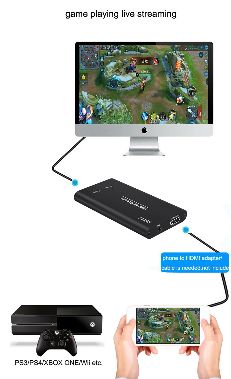 USB3.0 HDMI 4K 60 Гц HD 1080P Карта видеозахвата ПК телефон компьютерная игра записи коробка потоковая трансляция в прямом эфире с микрофоном, входы: HDMI переходит к ТВ