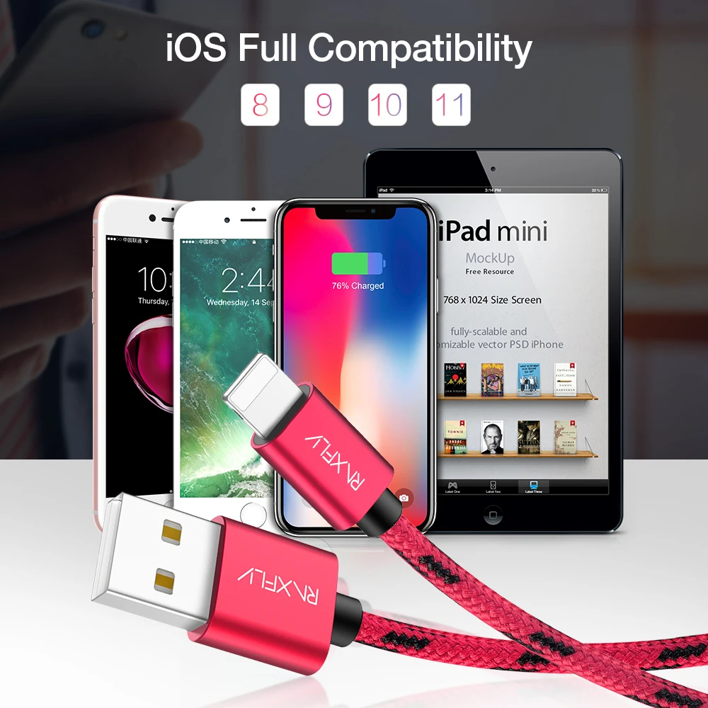 USB кабель RAXFLY для iPhone XS MAX XR зарядный с подсветкой X 7 6 6S 8 Plus синхронизации данных и