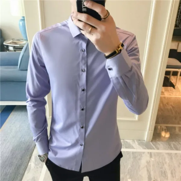 Горячая Распродажа Мужская рубашка Мода Весна новая приталенная деловая рубашка рубашки длинный рукав однотонная универсальная блузка Homme плюс размер 4XL - Цвет: Фиолетовый