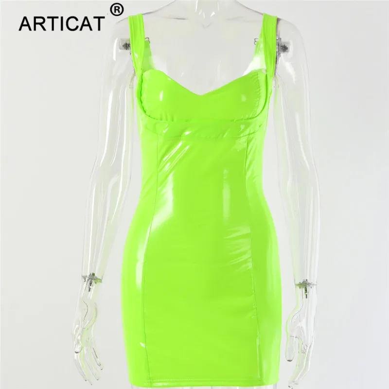 Articat Летнее мини-платье с бретельками, сексуальное облегающее Бандажное платье из искусственной кожи, короткие Повседневные Вечерние платья для ночного клуба Vestidos