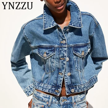 

YNZZU Casual Denim Jackets Women Streetwear 2019 Spring Autumn Single Breasted Short Loose Classic Jeans Coat Outerwear AO964