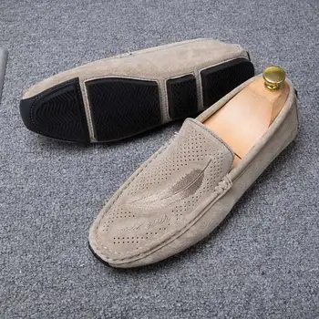 

Mocassim Masculino Suede Leather Men Shoes Soft Moccasins Slip On Loafers Brand Mens Flats Summer Breathable Driving Shoes Khaki