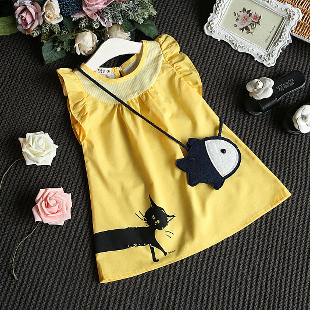 

Toddler Kid Baby Girl Sleeveless Cartoon Fish Bag+Cat Casual Princess Dress Baby Cute Dresses