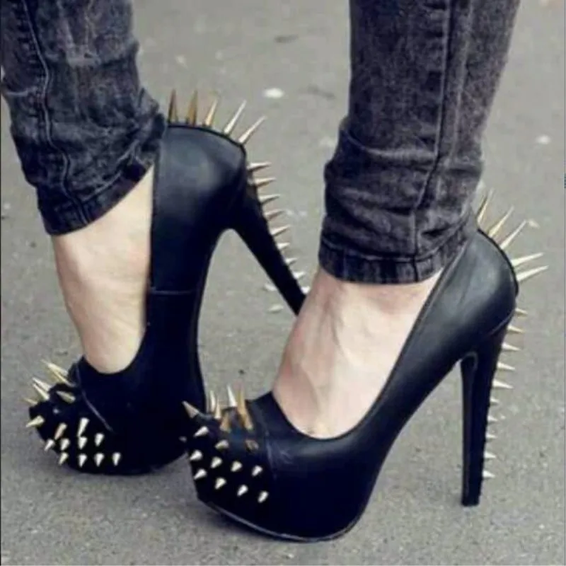 

SHOFOO shoes,Novelty fashion free shipping, rivet decoration, about 14.5 cm high-heeled women's shoes, round toe pumps.