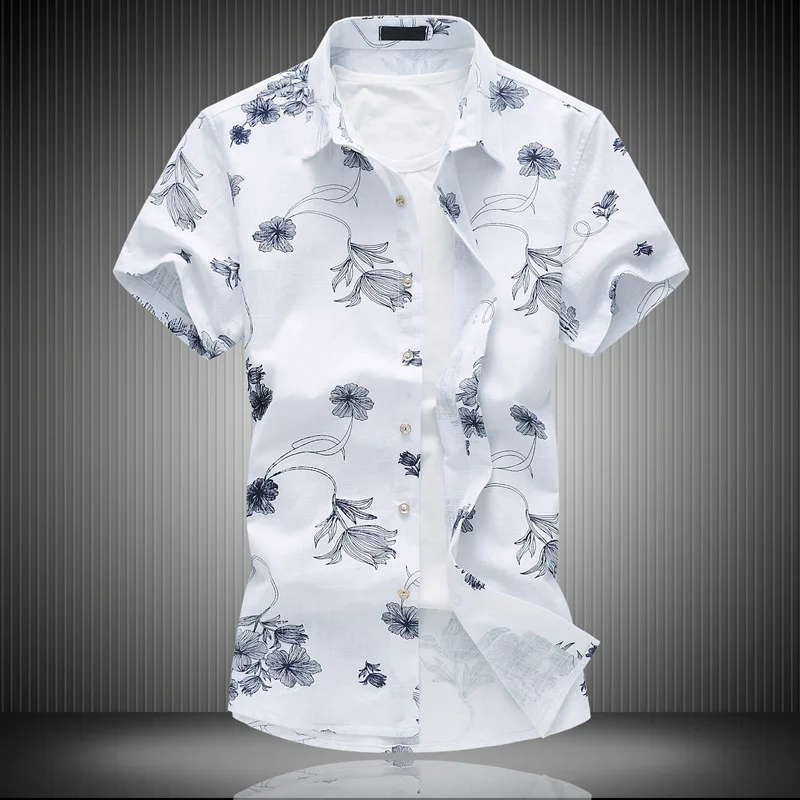 Летняя новая Мужская льняная рубашка с коротким рукавом и цветочным принтом модная Освежающая дышащая рубашка для мужчин