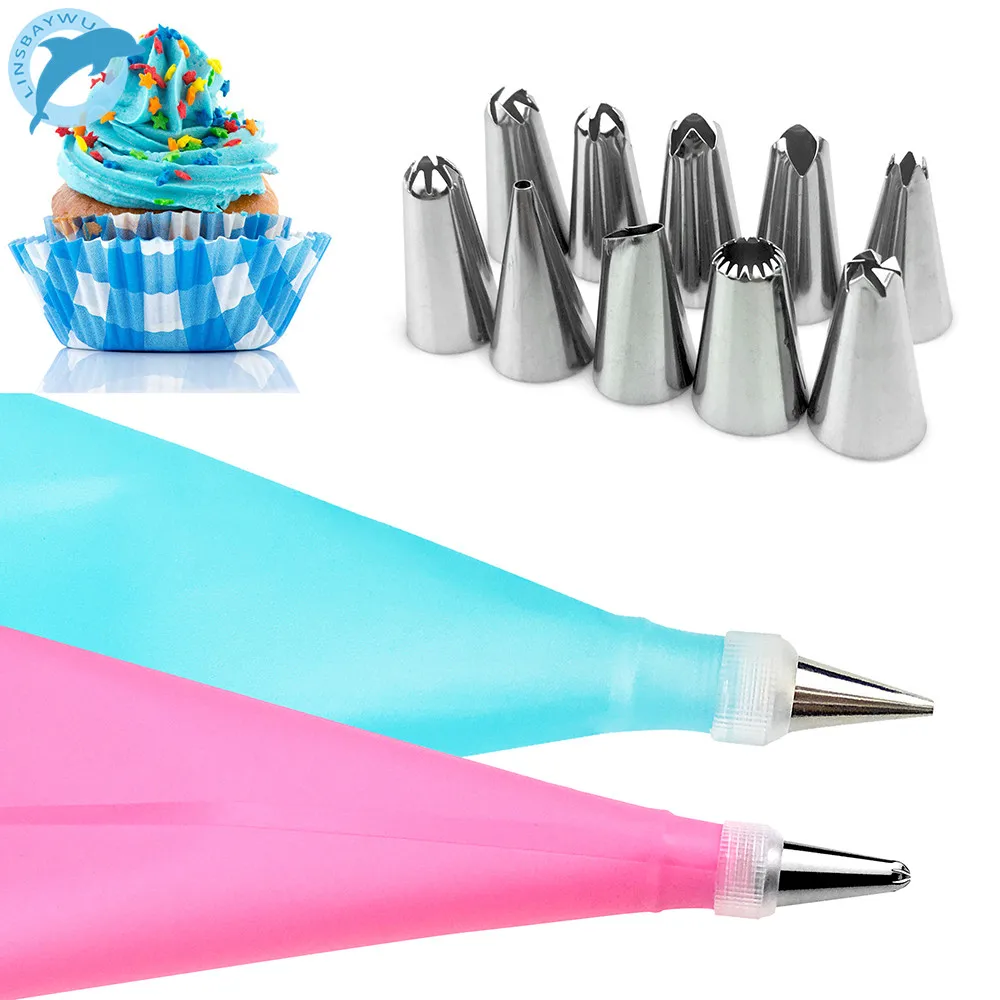 

LINSBAYWU 12PCS/SET Silicone DIY Icing Piping Cream Pastry Bags+10PCS Nozzle Set Cake Decorating Tools Mould + Coupler Converter