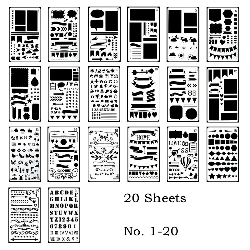 Трафаретов со стрелками Пластик планировщик Набор для журнальных/Тетрадь/дневник/блокнот ручной работы шаблон чертежа «сделай сам» журнал Трафареты - Цвет: 20 Sheets