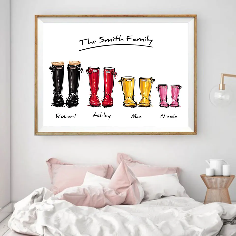 Personalised Rainboots Family Picture Print Poster Wellies Wellingtons New Home
