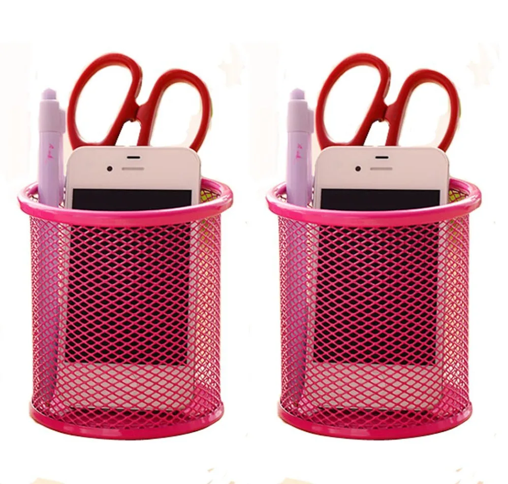 2 Pcs Hot Pink Mesh Pen Pencil Collection Holder Sorter Desk