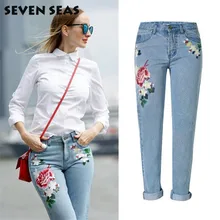 Новые модные женские джинсы с вышивкой розы, женские повседневные свободные прямые джинсы со средней талией размера плюс, джинсовые штаны