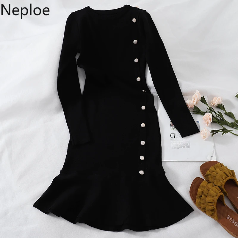 

Neploe 2019 Women Elegant Autumn Winter Sweater Midi Dress Ruffle Black Dresses Full Sleeve Button Bodycon Robe Knit Vestidos