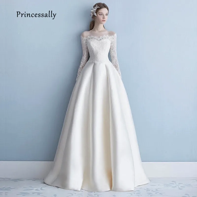 10982 20 De Réductionrobe De Soriee Nouvelle Robe De Mariée Simple à Manches Longues En Dentelle Col Bateau élégant Long Satin Mariée Banquet