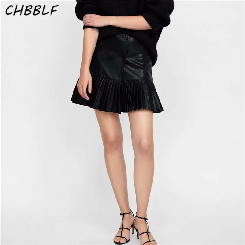 CHBBLF женские черные Искусственная кожа плиссированные юбки пуговицы decorat chic faldas mujer Стильные повседневные однотонные черные мини-юбки BGB8506