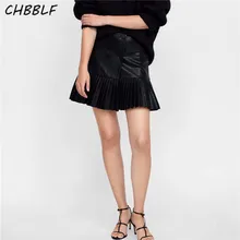 CHBBLF женские черные Искусственная кожа плиссированные юбки пуговицы decorat chic faldas mujer Стильные повседневные однотонные черные мини-юбки BGB8506
