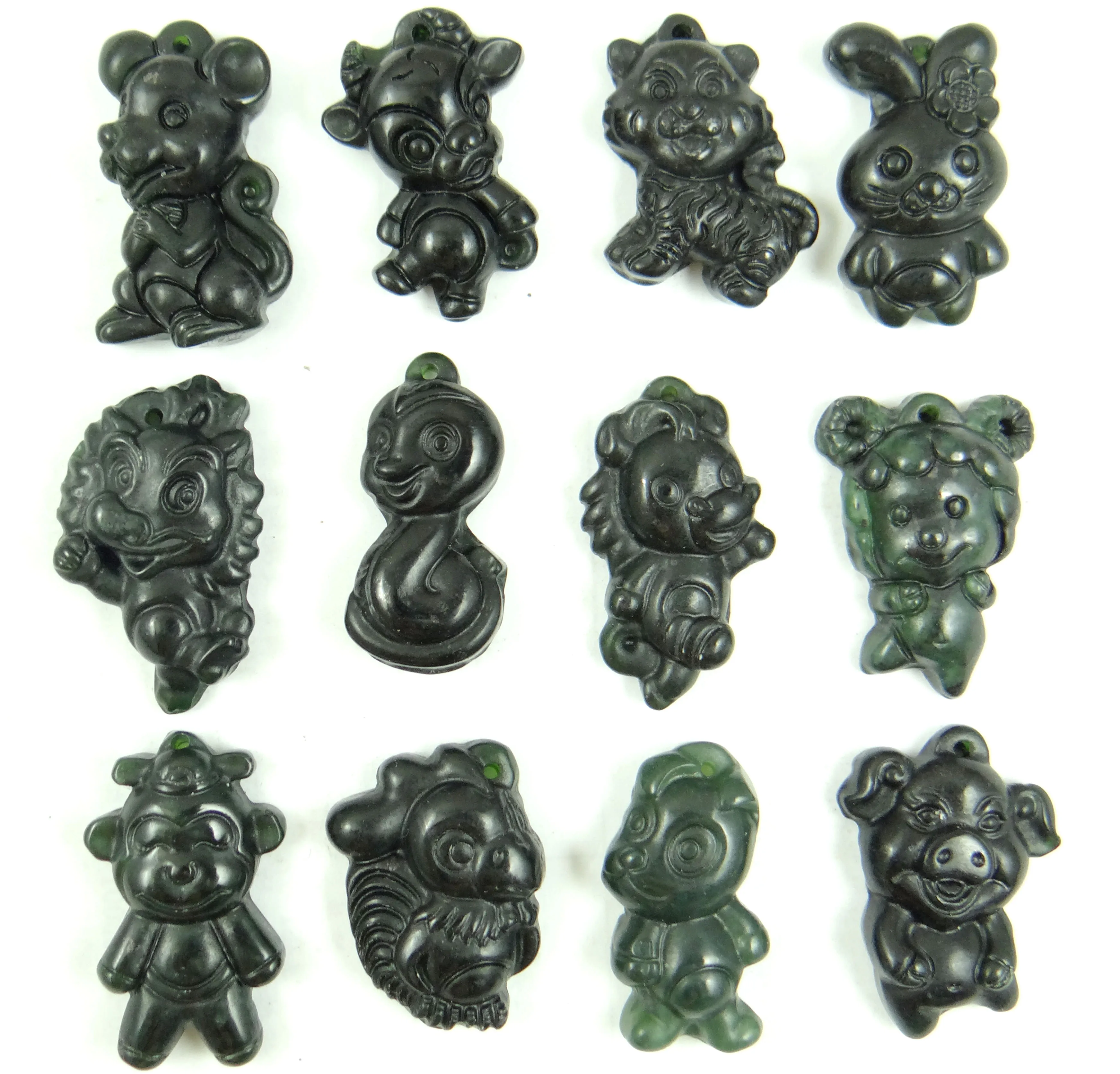 

Unique Natural stone black green jades hand-carved Three-dimensional 12 Zodiac signs pendant Gems jewelry Making necklace 1pcs